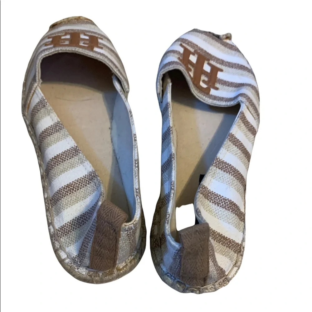 Tommy Hilfiger Tan and White Striped Espadrilles with Logo